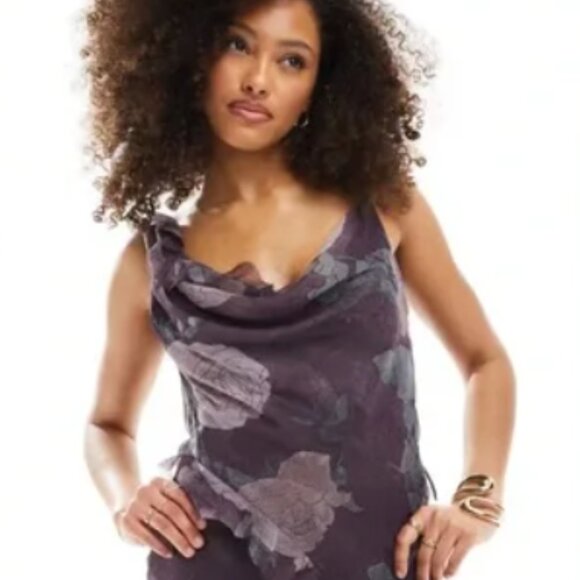 NWT ASOS Floral Cowl Neck Bias Maxi Dress With Frills And Mixed Fabric - Picture 1 of 8